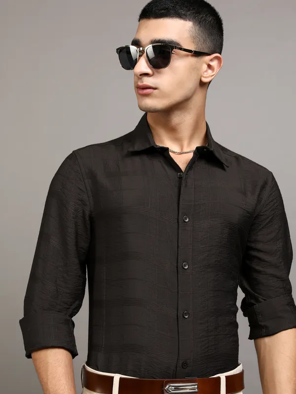 Highlander Men Brown Self Design Slim Fit Casual Shirt