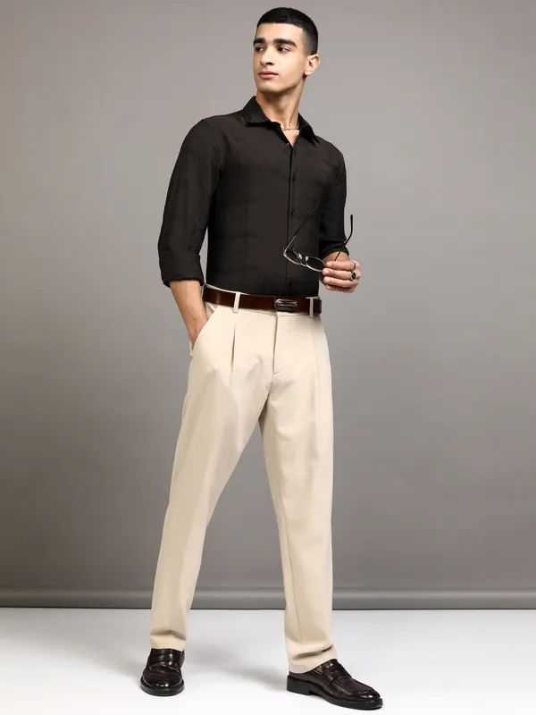 Highlander Men Brown Self Design Slim Fit Casual Shirt