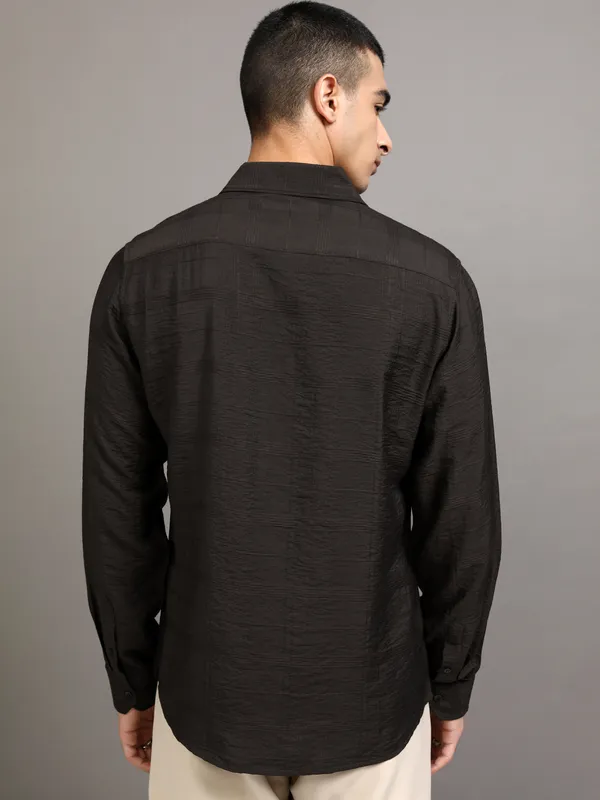 Highlander Men Brown Self Design Slim Fit Casual Shirt