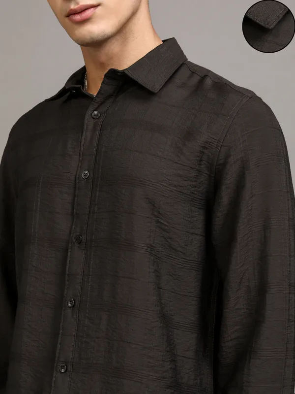 Highlander Men Brown Self Design Slim Fit Casual Shirt