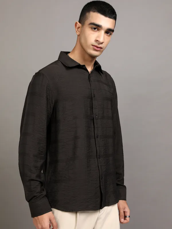 Highlander Men Brown Self Design Slim Fit Casual Shirt
