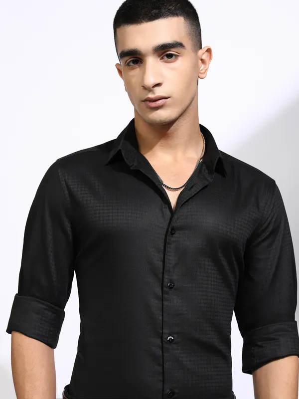 Highlander Men Black Self Design Slim Fit Casual Shirt