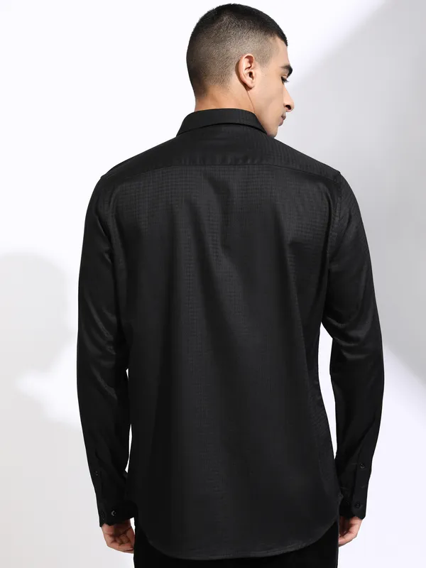 Highlander Men Black Self Design Slim Fit Casual Shirt