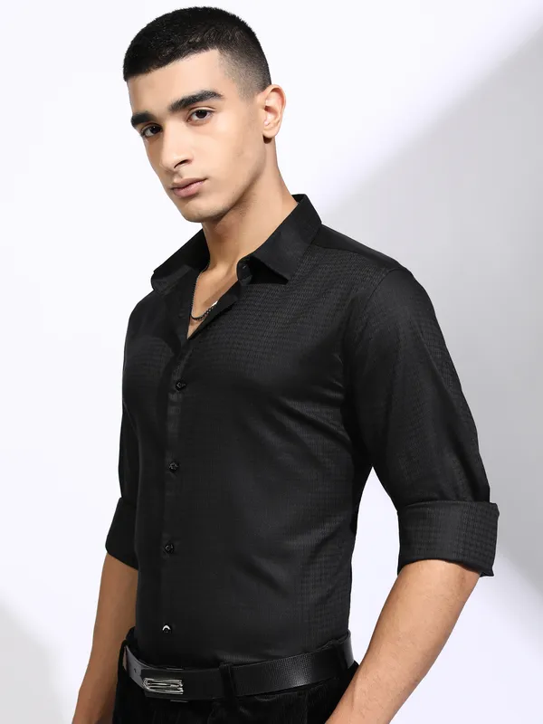 Highlander Men Black Self Design Slim Fit Casual Shirt