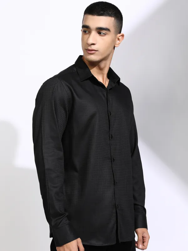 Highlander Men Black Self Design Slim Fit Casual Shirt