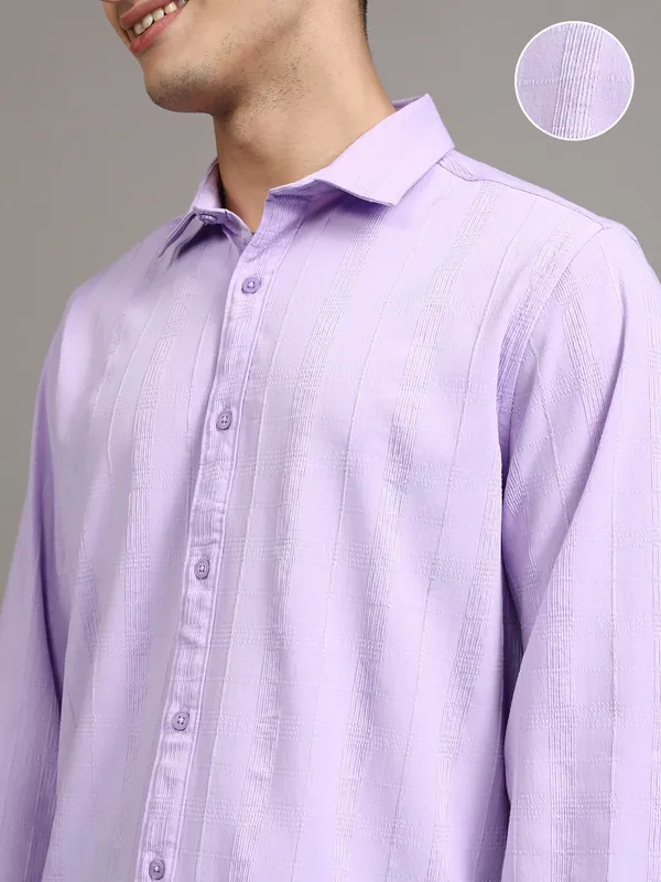 Highlander Men Lavender Striped Slim Fit Casual Shirt
