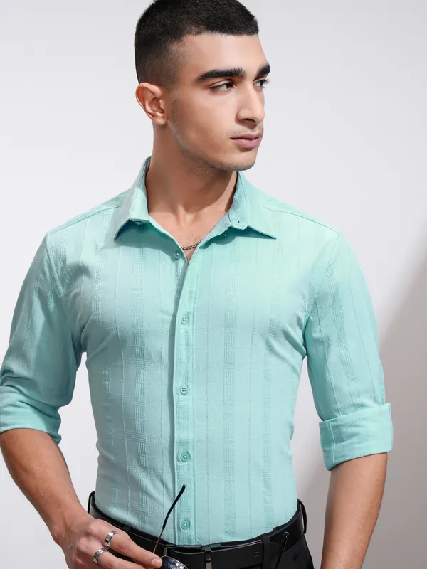 Highlander Men Blue Self Design Slim Fit Casual Shirt