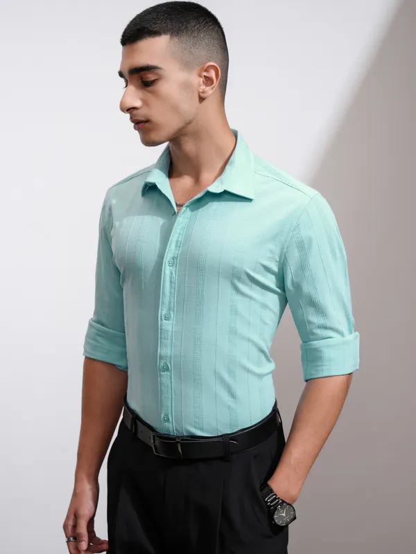 Highlander Men Blue Self Design Slim Fit Casual Shirt