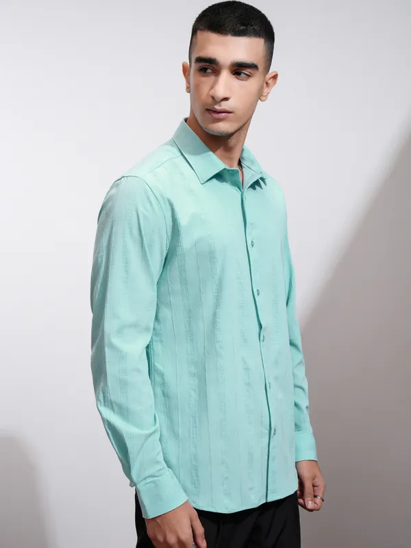 Highlander Men Blue Self Design Slim Fit Casual Shirt