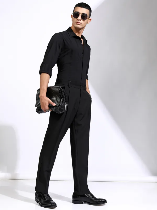 Highlander Men Black Striped Slim Fit Casual Shirt