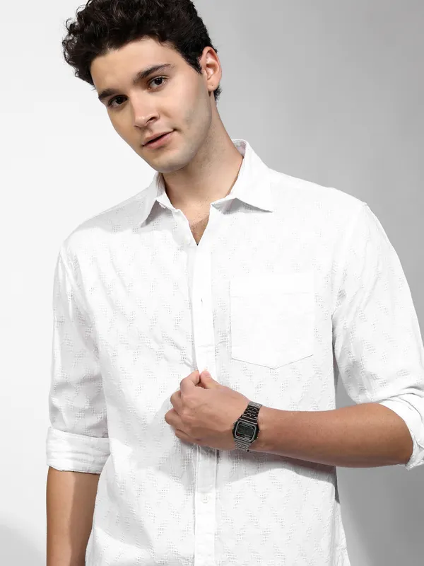 Highlander Men White Self Design Relaxed Fit Casual Shirt