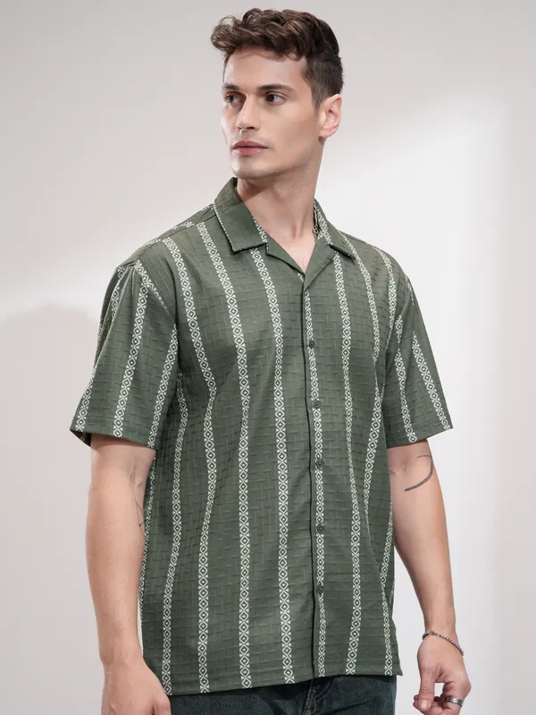 Highlander Men Olive Self Design Relaxed Fit Casual Shirt