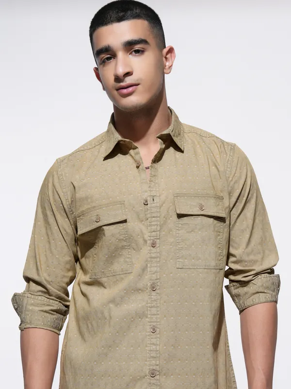Highlander Men Khaki Self Design Regular Fit Casual Shirt