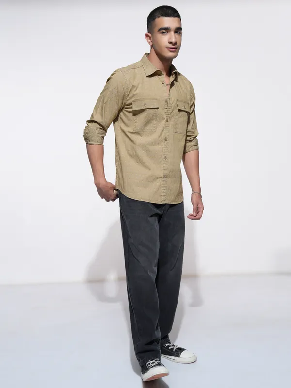 Highlander Men Khaki Self Design Regular Fit Casual Shirt