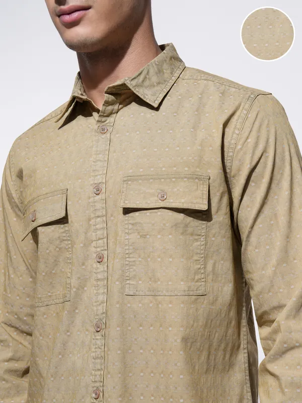 Highlander Men Khaki Self Design Regular Fit Casual Shirt