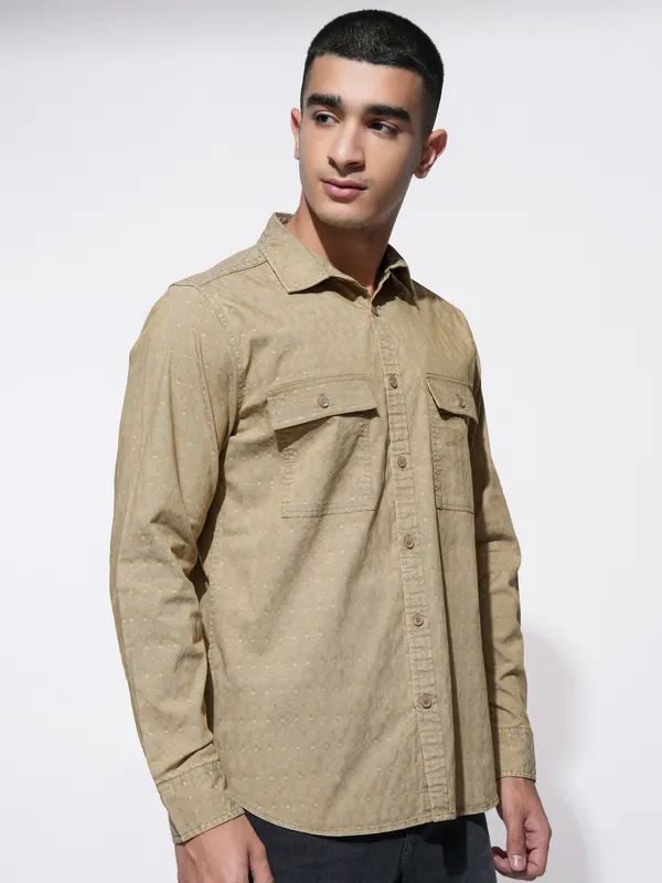 Highlander Men Khaki Self Design Regular Fit Casual Shirt