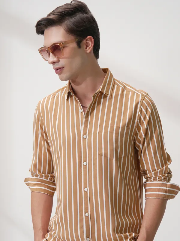 Highlander Men Rust Striped Regular Fit Casual Shirt