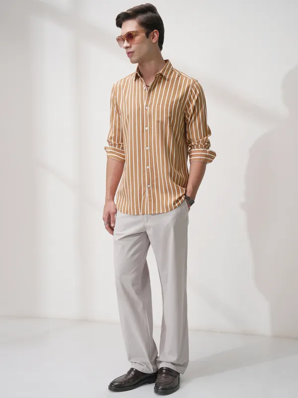 Highlander Men Rust Striped Regular Fit Casual Shirt