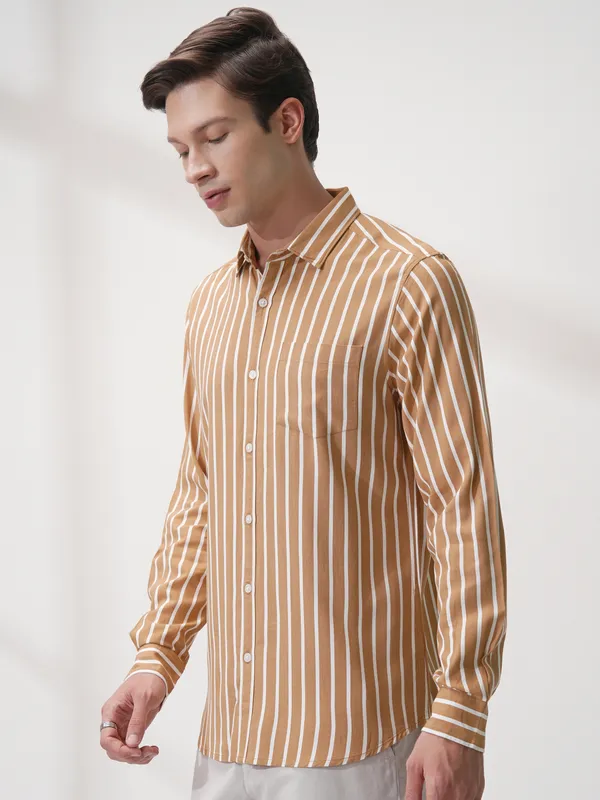 Highlander Men Rust Striped Regular Fit Casual Shirt