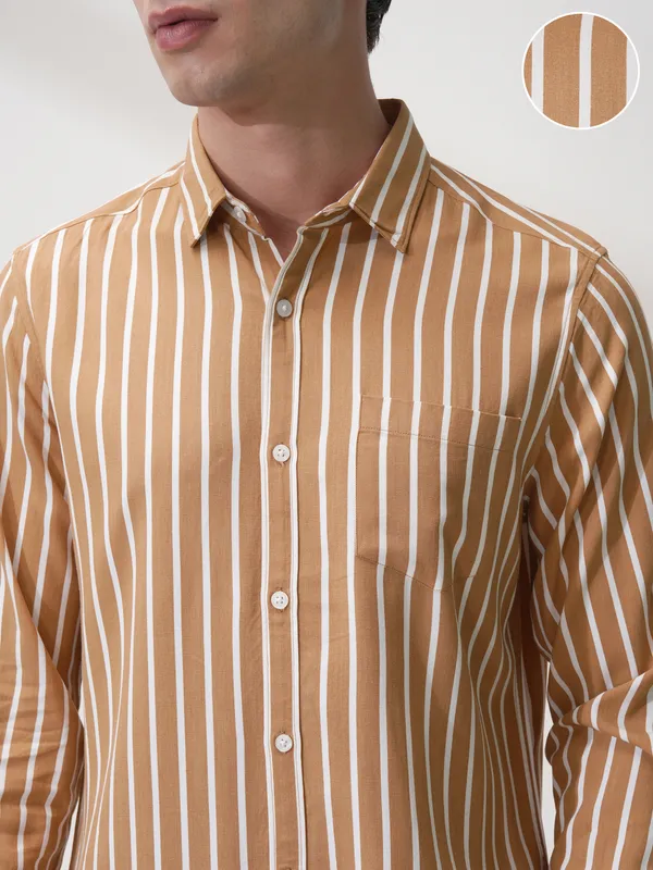 Highlander Men Rust Striped Regular Fit Casual Shirt
