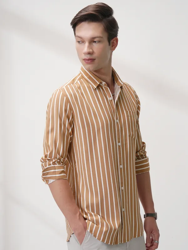 Highlander Men Rust Striped Regular Fit Casual Shirt
