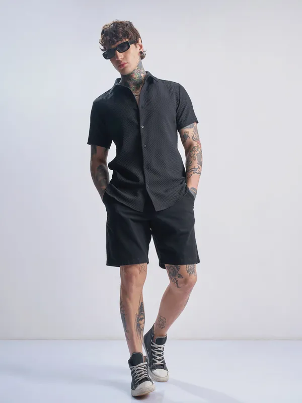 Highlander Men Black Self Design Regular Fit Casual Shirt