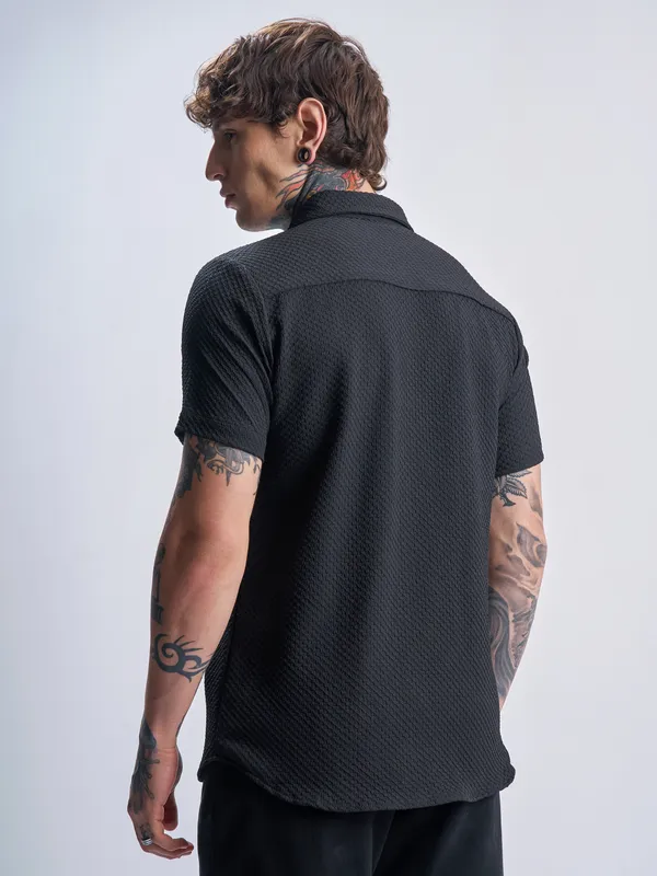 Highlander Men Black Self Design Regular Fit Casual Shirt