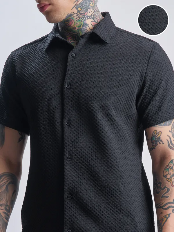 Highlander Men Black Self Design Regular Fit Casual Shirt