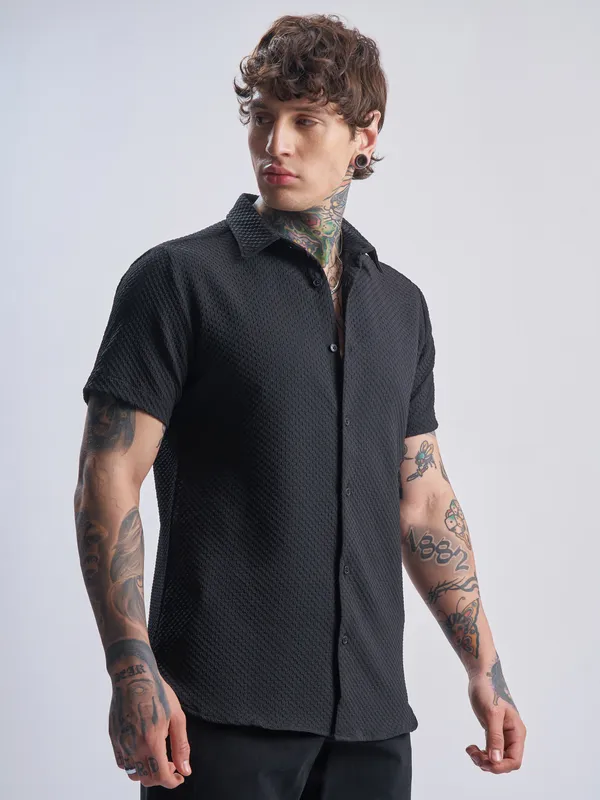 Highlander Men Black Self Design Regular Fit Casual Shirt