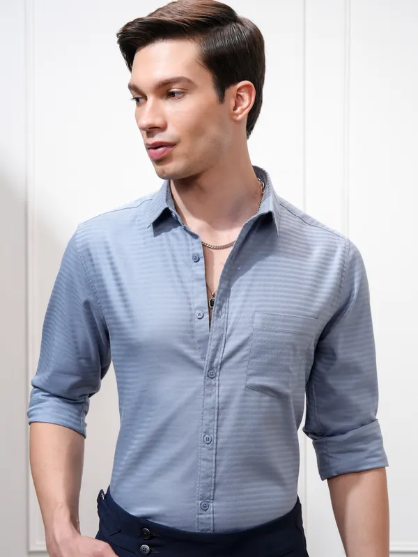 Highlander Men Blue Self Design Regular Fit Casual Shirt