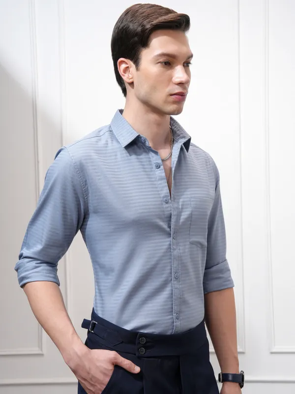 Highlander Men Blue Self Design Regular Fit Casual Shirt