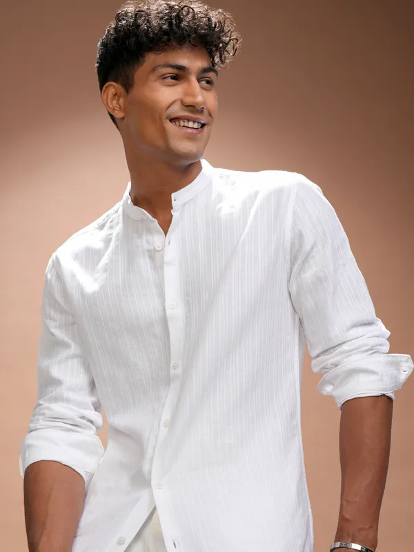 Highlander Men White Striped Relaxed Fit Casual Shirt