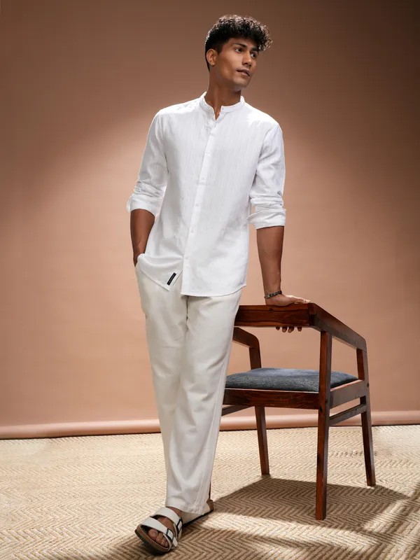 Highlander Men White Striped Relaxed Fit Casual Shirt
