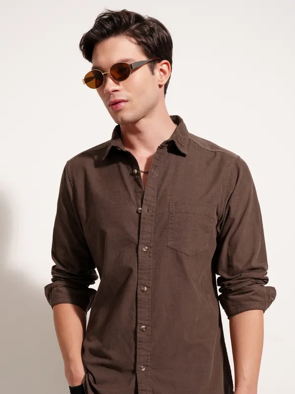 Highlander Men Brown Self Design Regular Fit Casual Shirt