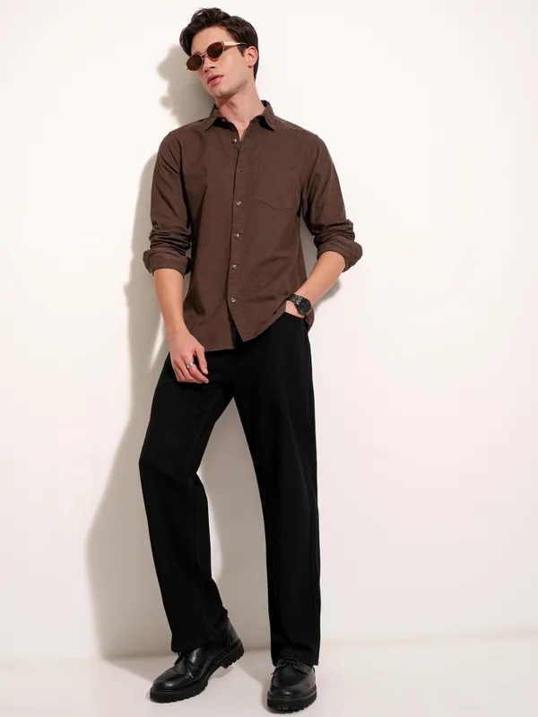 Highlander Men Brown Self Design Regular Fit Casual Shirt