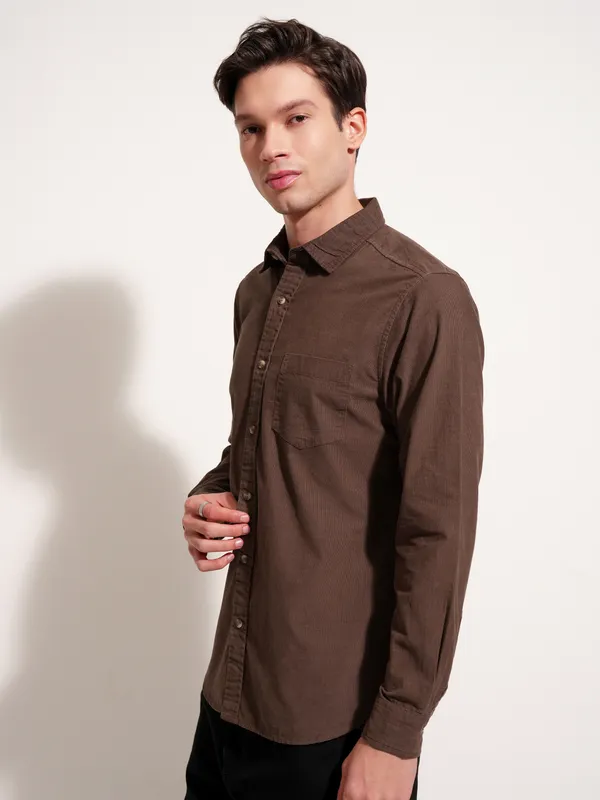 Highlander Men Brown Self Design Regular Fit Casual Shirt