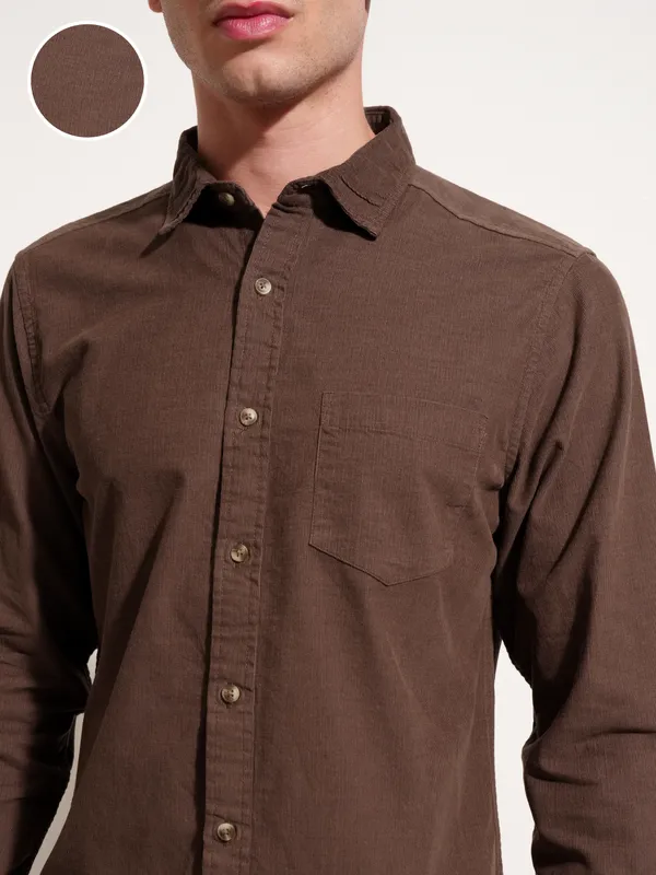 Highlander Men Brown Self Design Regular Fit Casual Shirt
