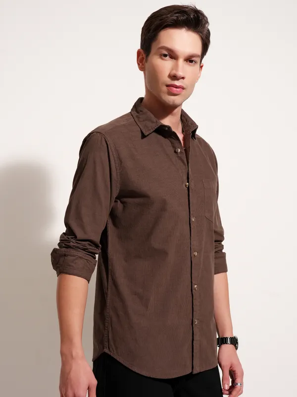 Highlander Men Brown Self Design Regular Fit Casual Shirt