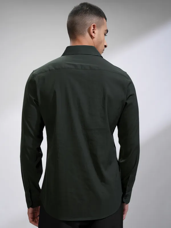 Highlander Men Green Self Design Slim Fit Casual Shirt