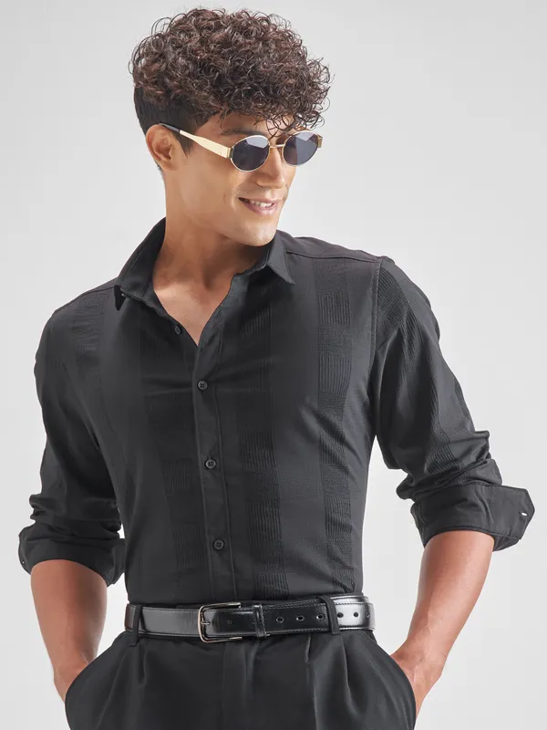 Highlander Men Black Self Design Slim Fit Casual Shirt