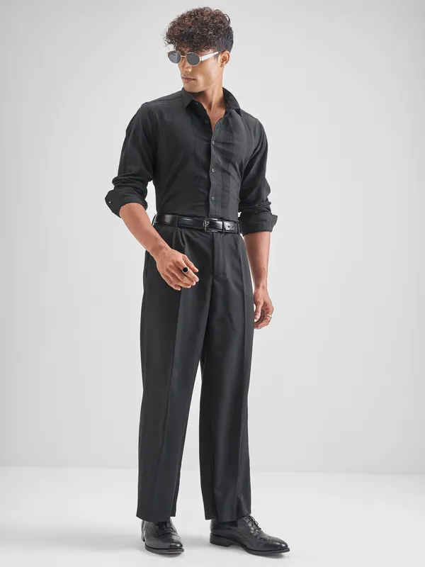 Highlander Men Black Self Design Slim Fit Casual Shirt