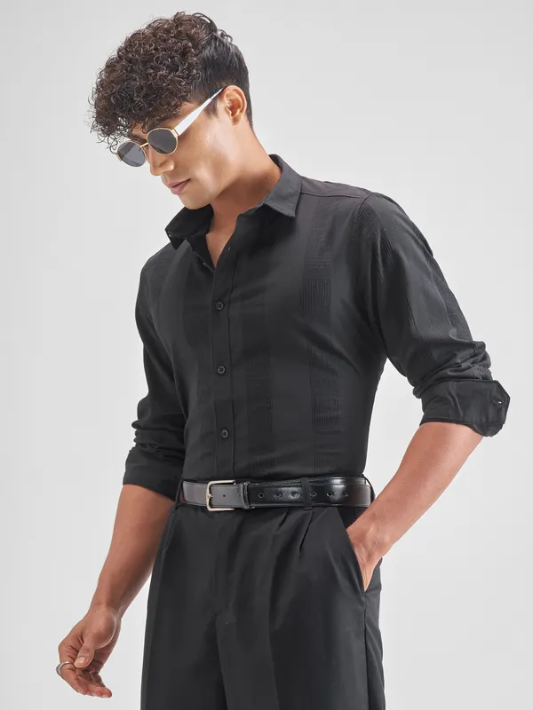 Highlander Men Black Self Design Slim Fit Casual Shirt