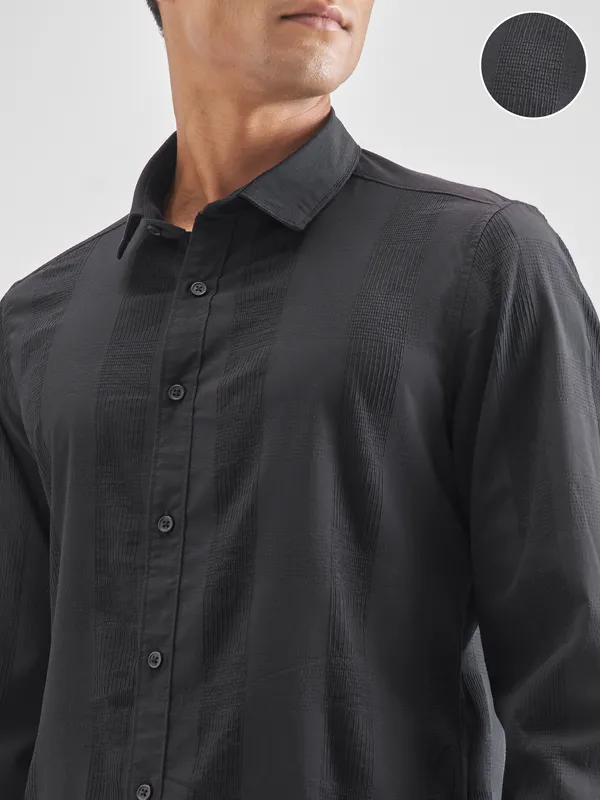 Highlander Men Black Self Design Slim Fit Casual Shirt
