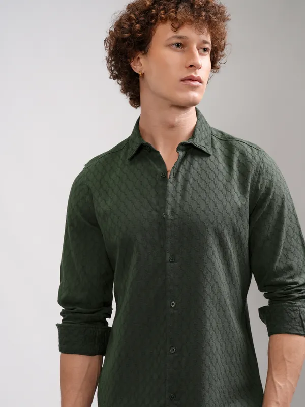 Highlander Men Green Self Design Regular Fit Casual Shirt