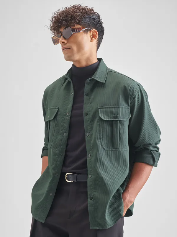 Highlander Men Green Self Design Oversized Fit Casual Shirt
