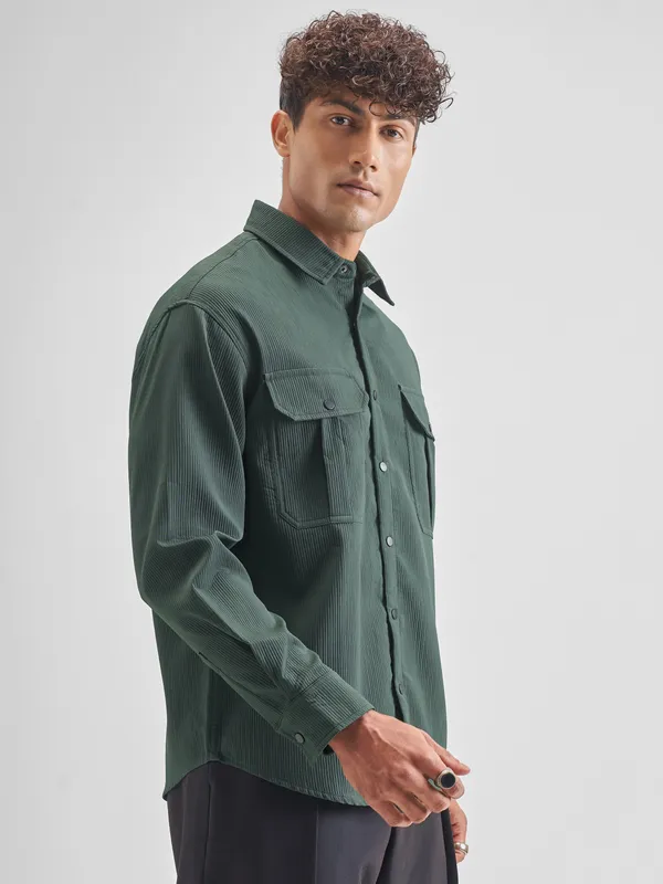 Highlander Men Green Self Design Oversized Fit Casual Shirt