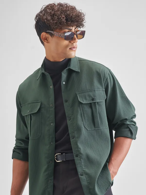 Highlander Men Green Self Design Oversized Fit Casual Shirt