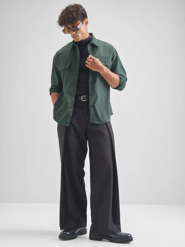 Highlander Men Green Self Design Oversized Fit Casual Shirt