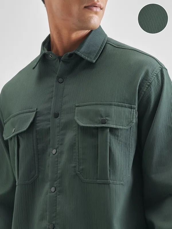 Highlander Men Green Self Design Oversized Fit Casual Shirt