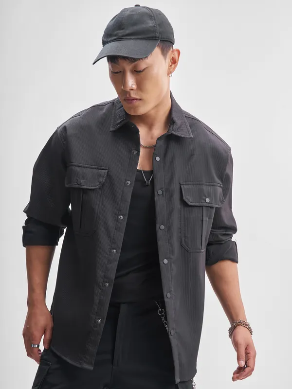 Highlander Men Black Self Design Oversized Fit Casual Shirt